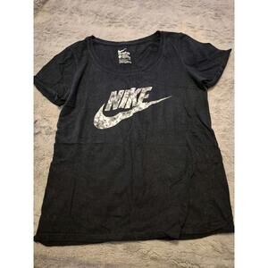 Nike Tee Shirt Womens L Black Short Sleeve Camo Swoosh Scoop Neck Top Blouse